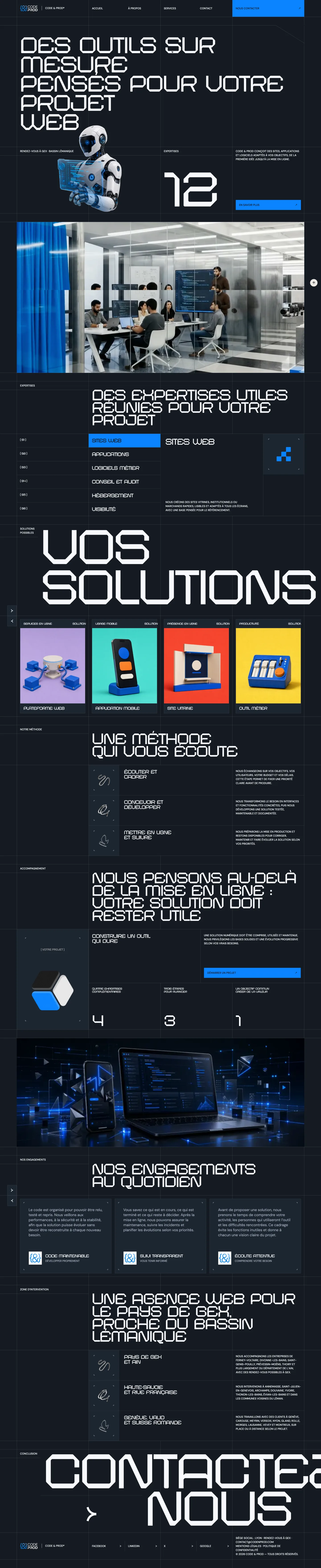 Full-page screenshot of the Code & Prod website from the opening headline to the contact section