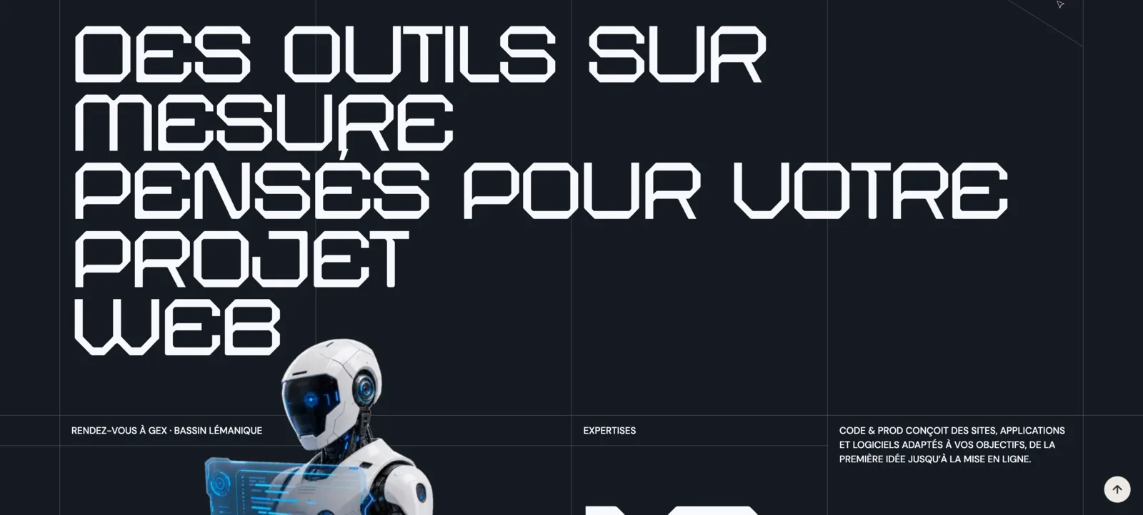 Visible-area screenshot of the Code & Prod website showing the opening headline and robot illustration